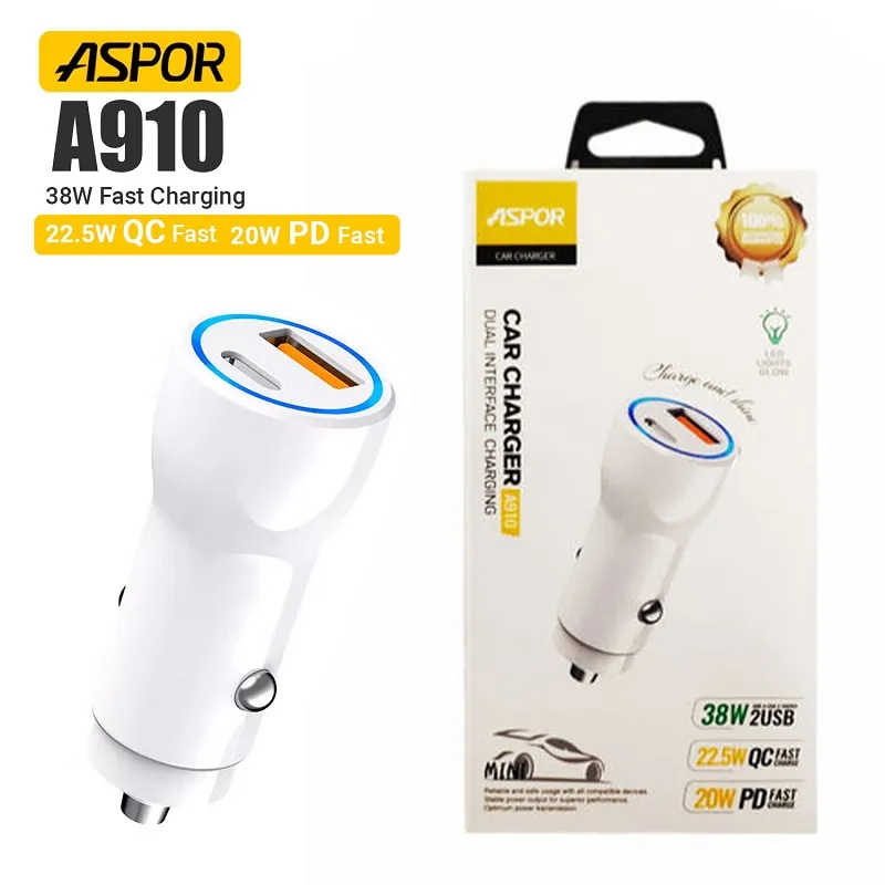 Aspor 38W Dual Aluminum Portable Car Charger QC 3.0 Metal A910