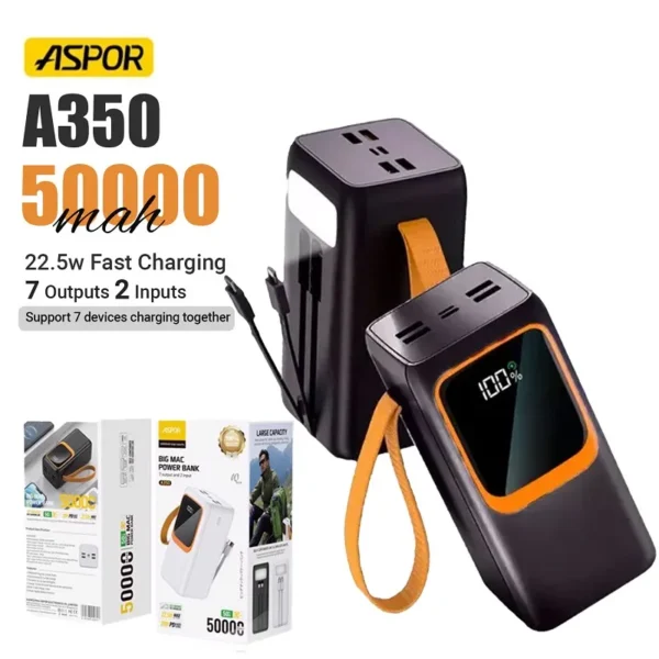 Aspor 50000mAH 22.5W Fast Charging Power Bank With Built-in Flash Light A-350