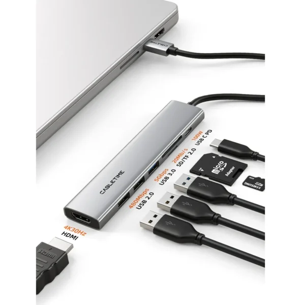 Cabletime Ultra Slim Aluminum Multiport 7 in 1 USB-C Hub for Macbook Pro HB02G