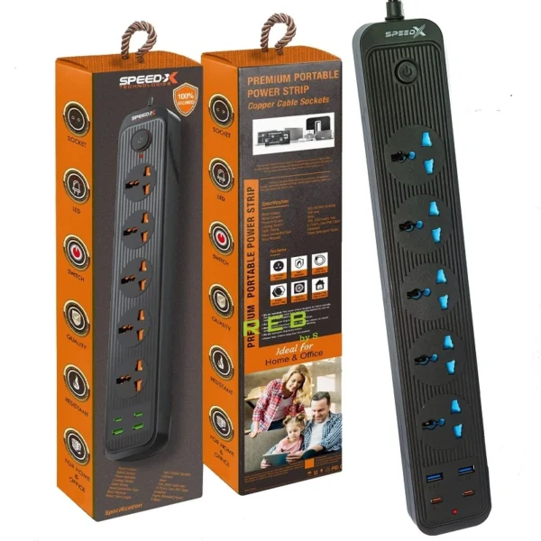 Speed-X 5 Socket 2 USB 2 Type-C Power Extension 504PU